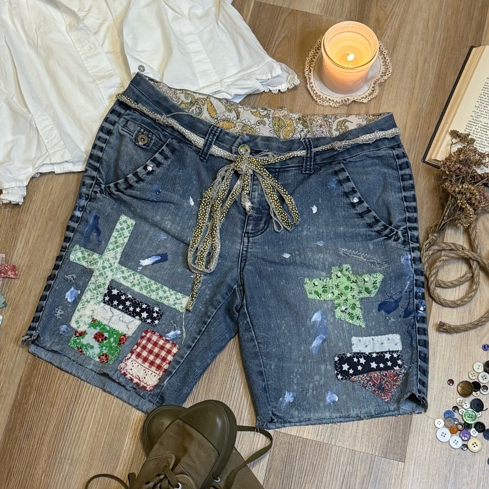 Upcycled Hand-Patched Distressed Denim Shorts Sustainable Bohemian Patchwork
